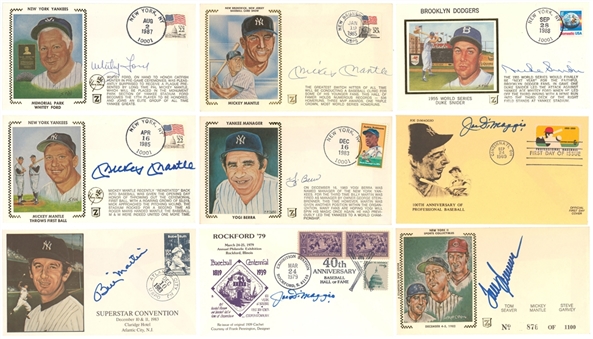 1960-80s Baseball Hall of Famer Signed First Day Cover Collection (9) Including Joe DiMaggio, Mickey Mantle & Yogi Berra (Beckett PreCert)